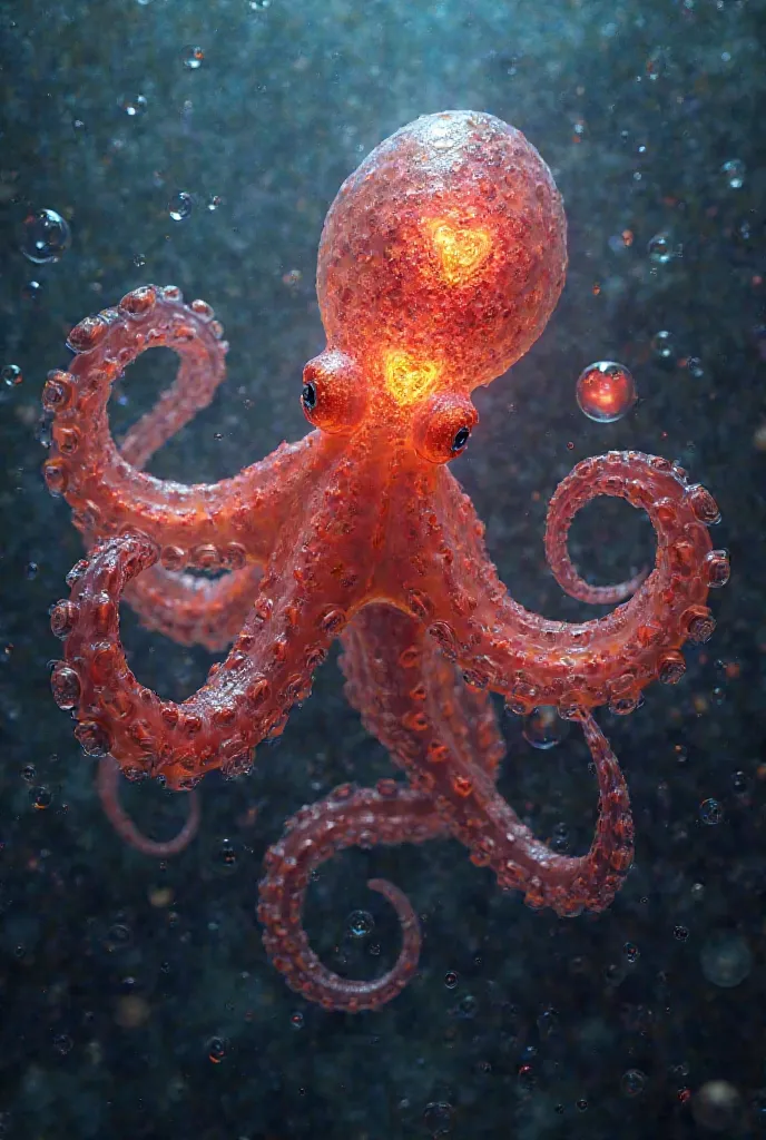 An octopus in the deep sea in bright colors such as red and orange, with a transparent effect that reveals three bright hearts inside its body, surrounded by small bubbles