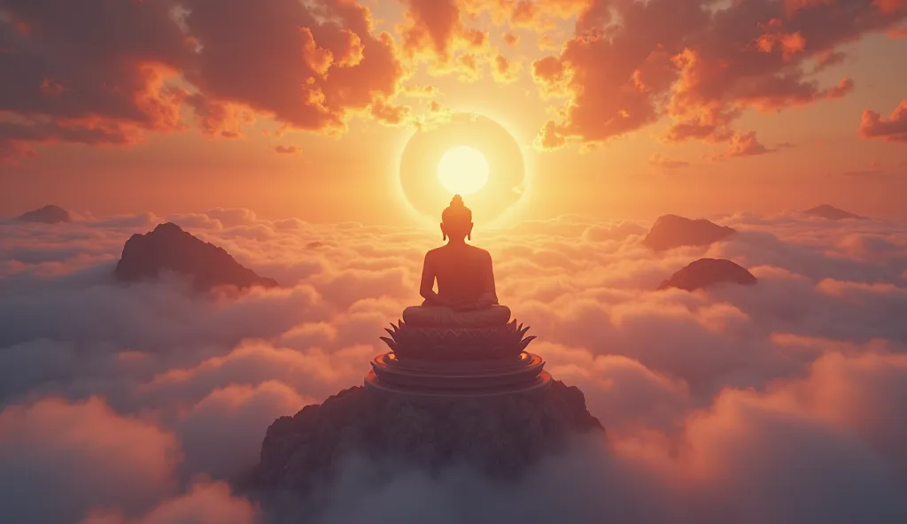 A beautiful picture of Buddha A Dida sitting on a lotus tower suspended among the crowds iridescent golden clouds. The aura shines brightly around him, behind which is a mysterious orange and purple sunset sky. At his feet are mountains submerged in mist, ...