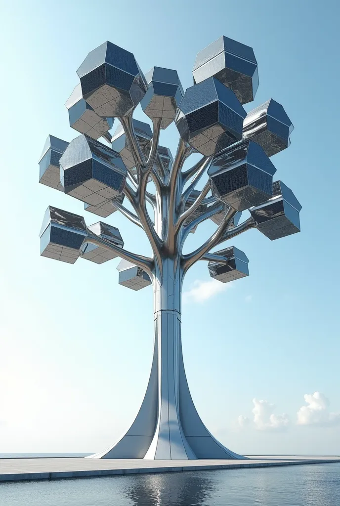 Make a solar panel that looks like a tree but make it futuristic, use steel and pentagon shapes,Without crooked branches