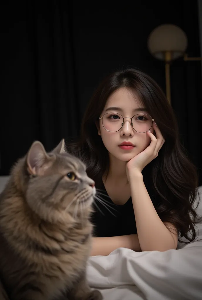 (masterpiece,Highest quality), (A beautiful  Korean woman, slightly  chubby wavy long is lying on her bed in a dark room looking at her smartphone, Round shaped ears, She wears unfashionable round glasses), ( a cute and fat cat stands guard beside the woma...