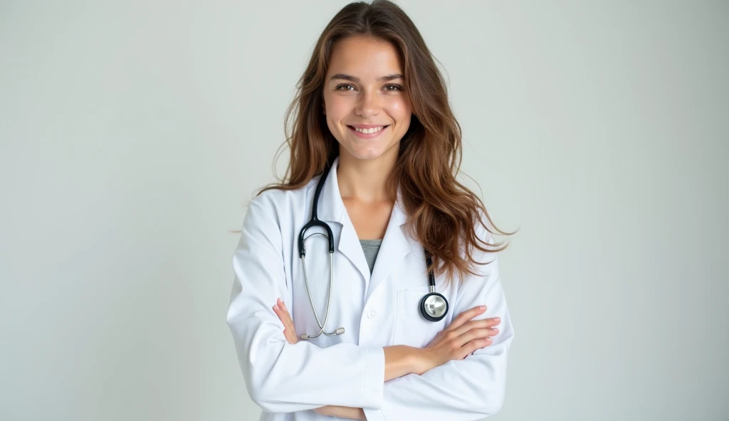  A 20-year-old girl, king, brown hair ,  light eyes, wearing a white medical coat and a stethoscope hanging around her neck. She is posing with her arms crossed, conveying confidence and professionalism.  Her gaze is determined ,  and she has a cheerful ex...