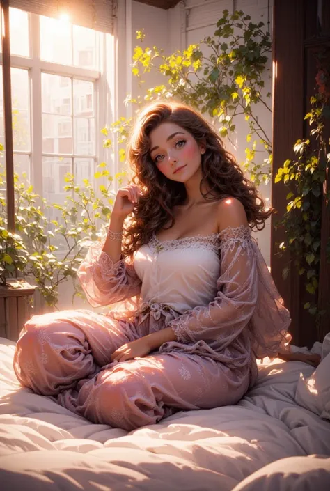 (photorealism:1.2), beautiful woman, sitting on bed, wearing loose off-shoulder top, pajama pants, long curly hair, indoors, soft lighting, plants in background, window with sunlight, cozy room, relaxed pose, realistic, intricate details, warm colors, by G...