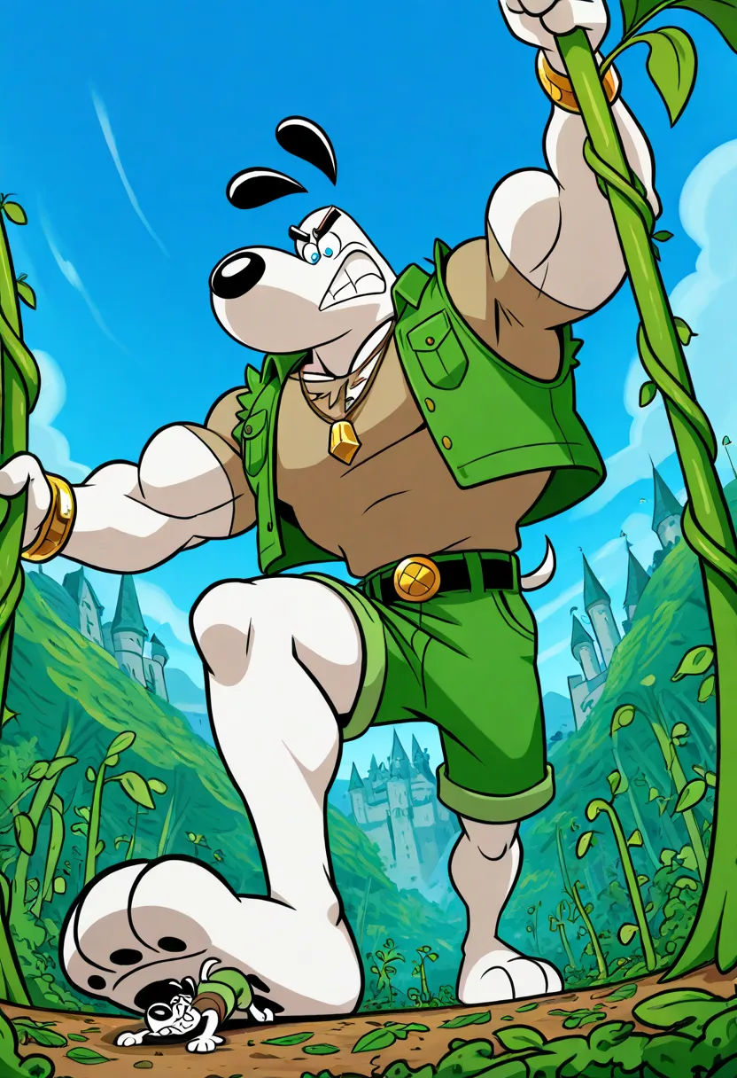 Giant muscular dudley puppy (T.U.F.F Puppy), white dog, cartoon 2d style, giant, macro size, full body, muscular body, castle background, climbing down the giant beanstalk reaching down to the village, village down angle, holding the beanstalk, climbing do...