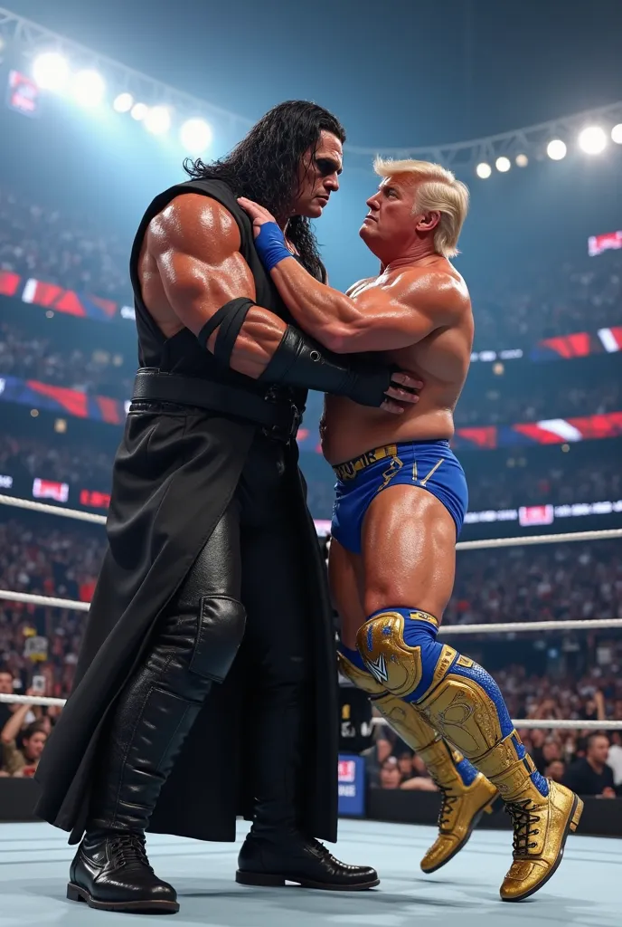 "Inside a WWE ring, The Undertaker, a 7-foot-tall wrestling legend with dark eyeliner and a black sleeveless trench coat, lifts Donald Trump high into the air for a devastating chokeslam. Trump is mid-air, arms flailing, wearing blue wrestling shorts with ...