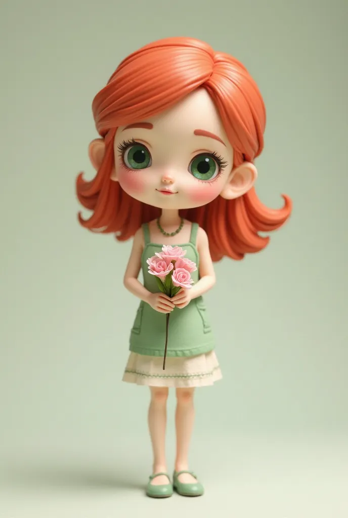 Make a little cardboard style girl, with strawberry red hair, fair skin, green eyes, high, thin, wearing an outfit in
Shades of light green light red,  and white , holding a pink bouquet