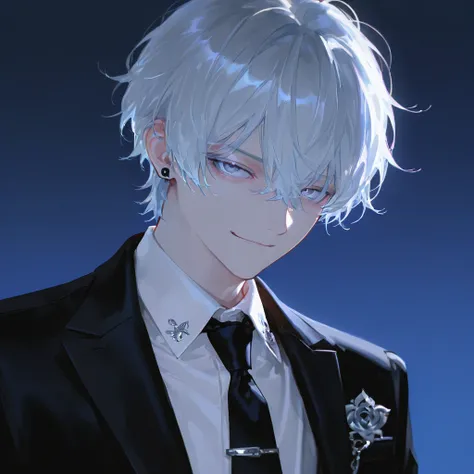 Masterpiece, best quality, ultra-detailed, high resolution, sharp focus, intricate details, vivid colors, clean outlines, refined rendering.

1boy, silver messy hair, deep blue eyes, handsome young man, slightly smirking, wearing a black formal suit with a...