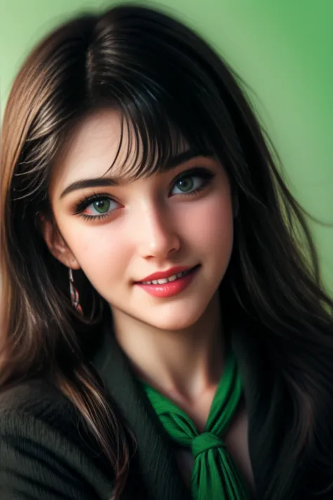  1 girl,Alone,look at the viewer,From far away, Whole body, long brown hair ,Sopf, Wait tied backwards, big dark green eyes, ringing big dark green eyes, arabic orientalich, Moon Face, round face, blank background. black polover,  black pants, Smiling,  fr...