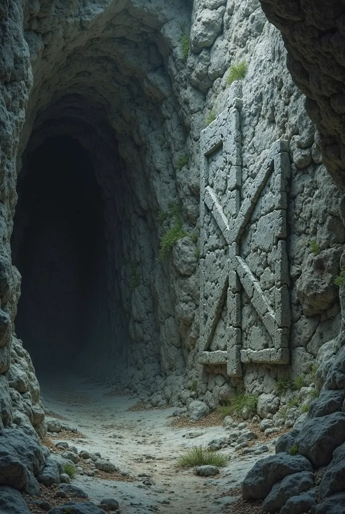 Runes engraved on the wall of a dark and humid cave, Which symbolize the name of a demon, Without grandeur just ancient runes, no color scheme, Worked only in gray