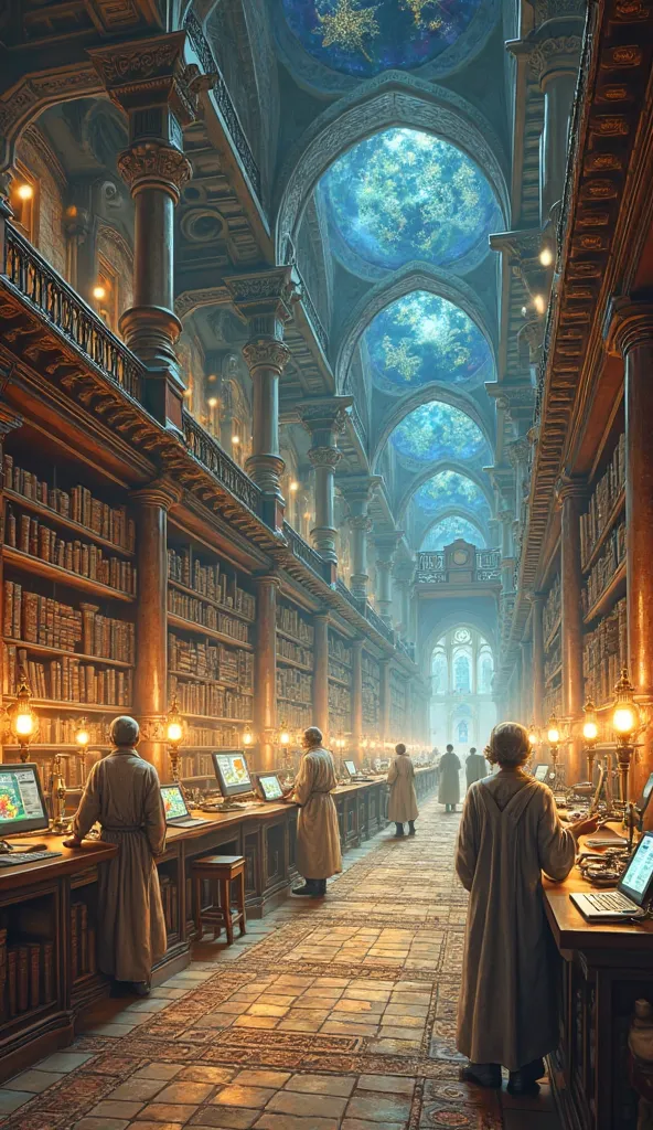 **Prompt:**  
A visually striking and dynamic illustration depicting the **transition from the Islamic Golden Age to the modern world**. On the left side, there is a scene of a grand library or study from the medieval Islamic era, featuring scholars dresse...