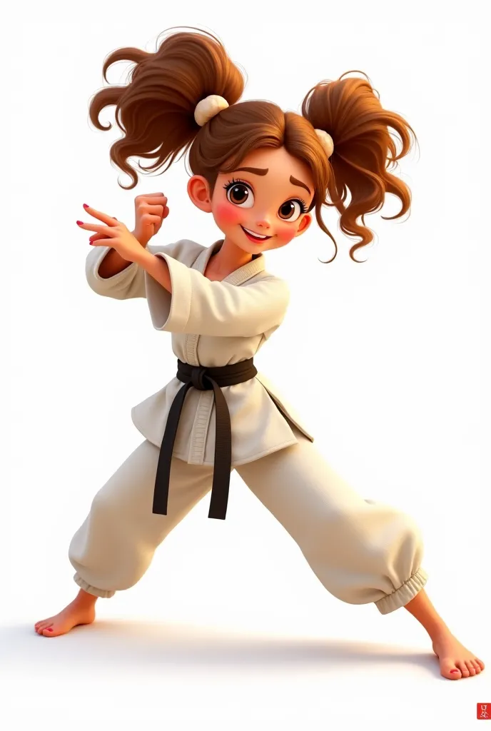 Disney animated style with white background,  with very curly light brown hair, with two pigtails, brown eyes, tender and happy look but with a karate pose 