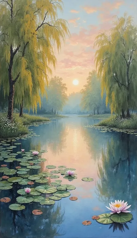 Create a unique Close-style painting Monet, hand, which reflects his impressionistic approach, the play of light and the atmosphere. The picture should depict a, that never existed in his works: A quiet rustic pond at dawn, surrounded by blooming willows, ...