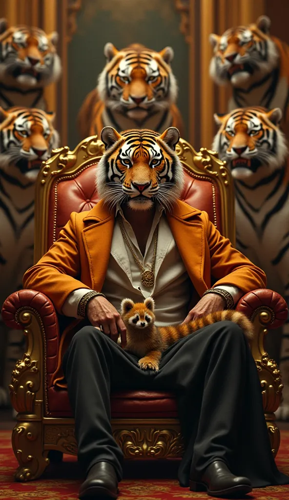 "Create an image of a Bengal Tiger Mafia Boss sitting in a golden chair, adorned with a shiny golden bracelet and relaxed demeanor, inside a lavish mansion with Indian-inspired decor. The tiger should have human-like features with strong muscles and a char...