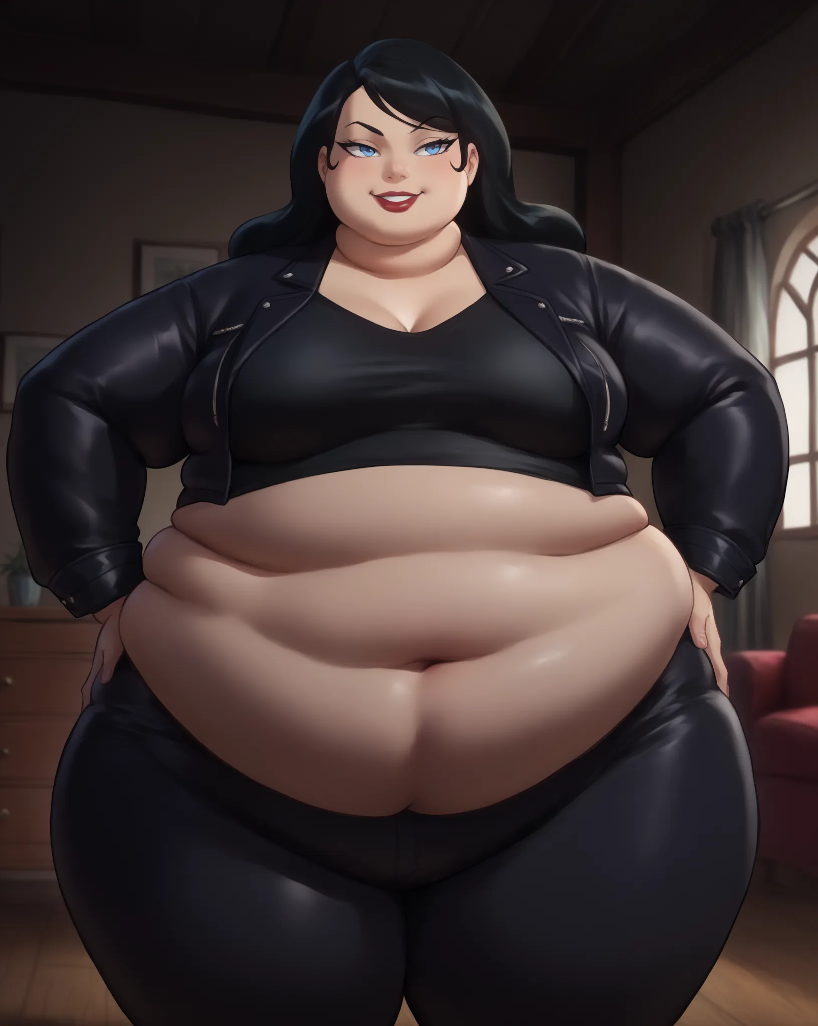 PonyXLV6_ BREAK  ((parody) perfect anatomy(clothes that fit your big,  fat body size ), perfect eyes, Cowboy shot), BREAK zatanna zatara  (obese figure:1.5),  big belly , long hair, black hair, Mujer   of footl oscura, blue eyes, lipstick, engagement,  Rai...