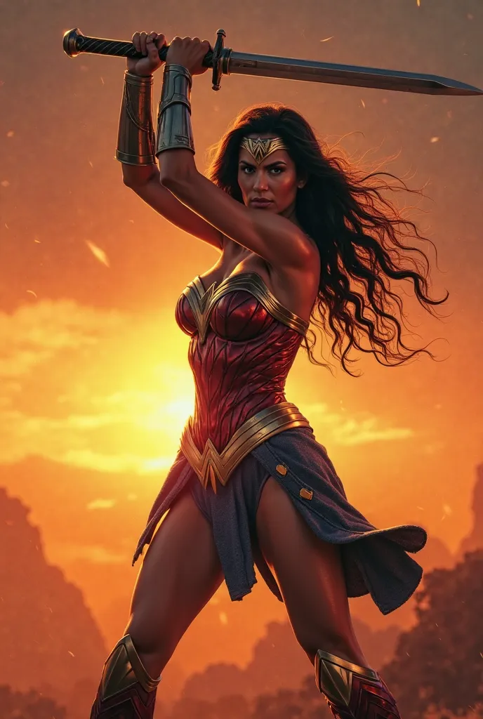  beautiful brunette woman with fire background , perfect head wonder woman, At sunset, Swing Up Your Sword ,In combat mode,shout, Let's protect ourselves 