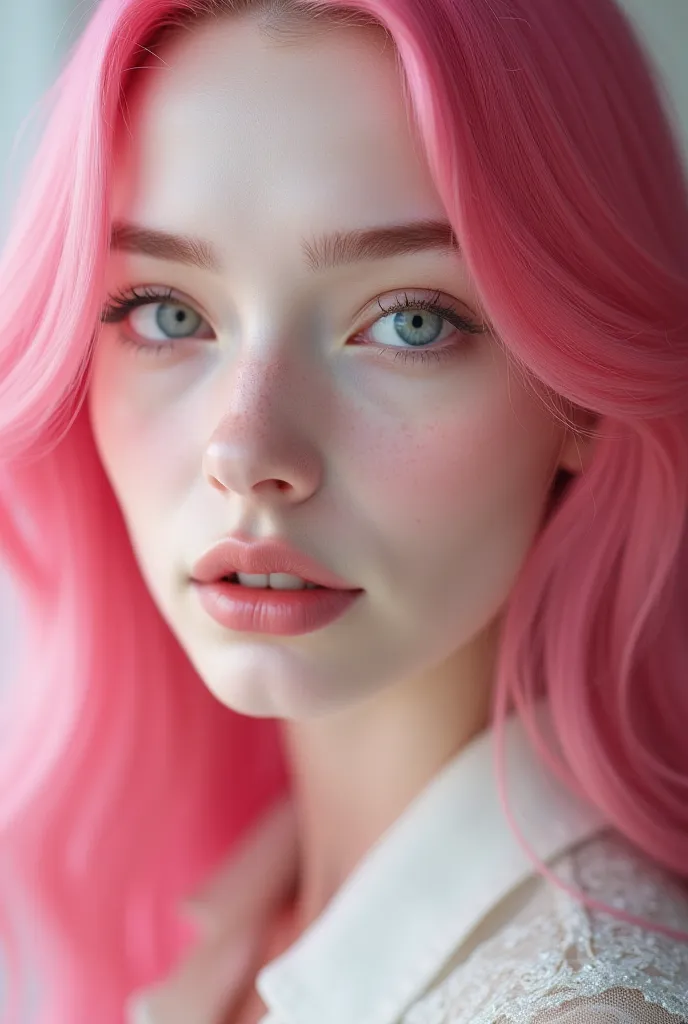 white skin, pink hair, pink eyes, dimple on cheek, the most beautiful woman in the world, detailed, photorealistic, professional portrait, 8K, HDR, ultra-fine painting, sharp focus, vivid colors, warm color palette, elegant expression, serene gaze, delicat...