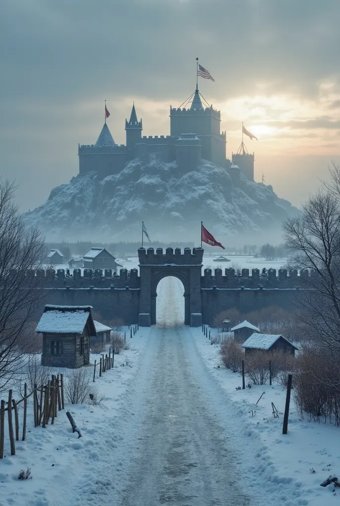 An icy vastness extends under a cloudy, gray sky on top, where the pale late afternoon sun can barely cross the cold fog. On the horizon, a fortified city rises imposingly, its dark stone walls six meters high cut through the snowy landscape. Flags worn by...