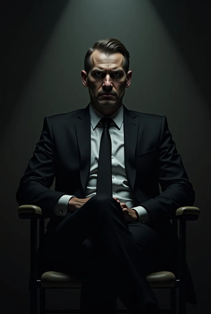 (photorealism:1.2), A man in a suit, sitting in a daze, with a blank stare sitting on a chair, dark vibes