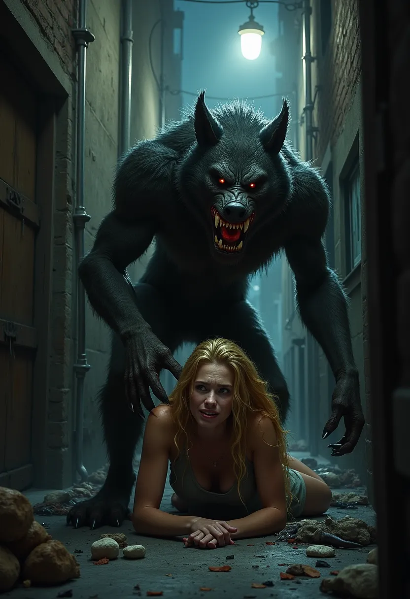 real Werewolf attacked  a young blonde woman in the night, dirty back alley