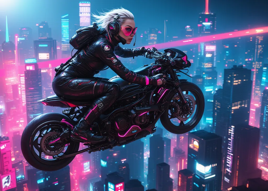 cyberpunk woman riding drone motorcycle、cyber city sky、 platinum blonde hair, futuristic hairstyle, decorative headphones, accessories, Neon Accents, Brilliant Makeup , stylish 3d rendering, super detailed, Cinematic Writing, Shallow Depth of Field, tech f...