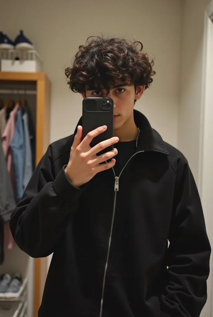 A 16-year-old young man, with thick black brown curly hair, takes a selfie in front of a mirror using his smartphone. wearing a black coat with loose sleeves and a zipper in the middle, giving him a stylish and comfortable modern look.. He raises his other...