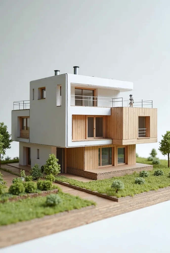 A modern passive house as a craft model made of cardboard. It has a minimalistic, cubic shape with a flat roof or slightly sloping roof with solar panels. The façade combines light colors such as white or gray with wooden paneling. Large floor-to-ceiling w...