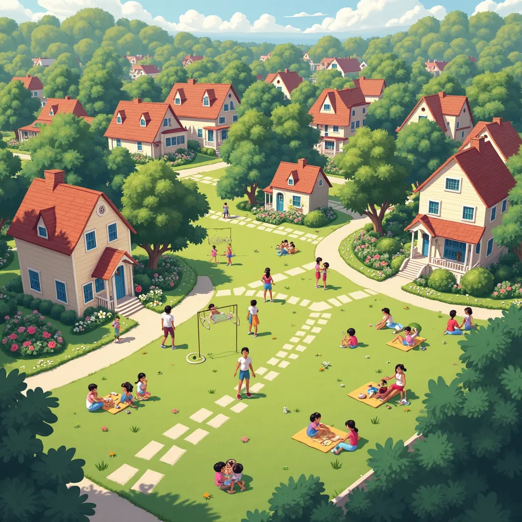 An image where there are houses, few trees and a beautiful landscape. A park where people play