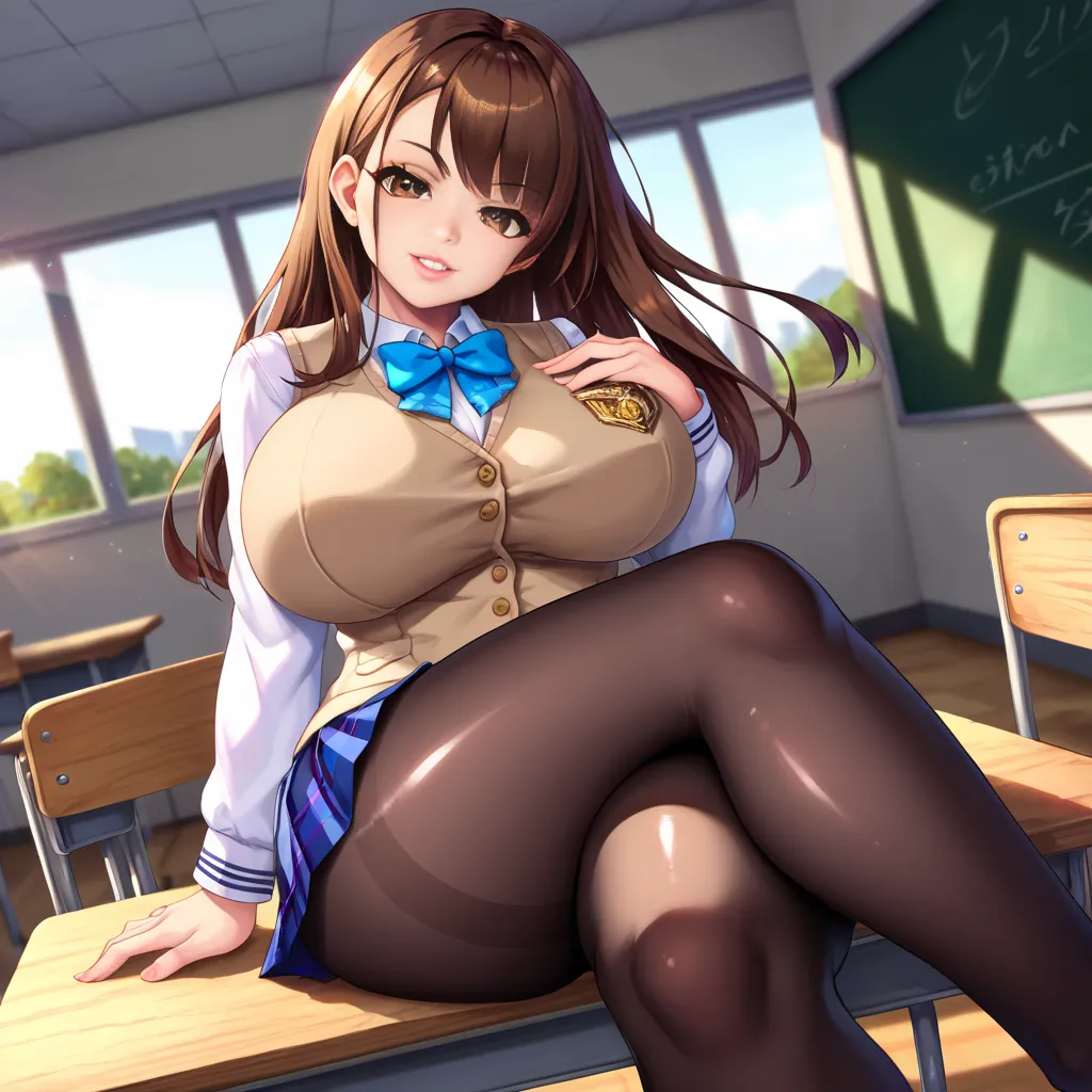 masterpiece, best quality, amazing quality, very aesthetic, high resolution, ultra-detailed, absurdres, newest, scenery, dark, 1girl, brown eyes, long brown hair, huge breasts, wide hips, thick thighs, looking at viewer, head tilt, hand on breast, grin, (c...