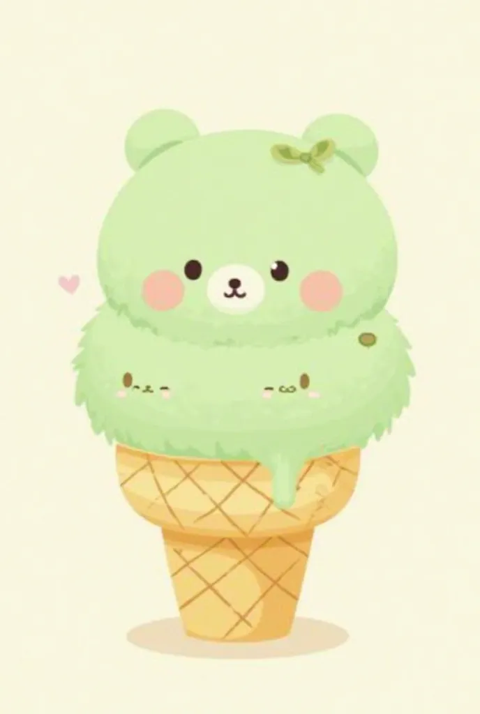 An adorable little bear in Sanrio style, with a simple, rounded design. His head and little ears are balls of matcha ice cream with a soft, slightly melted texture. He has small, oval eyes, a little mouth in the shape of a 'w' or a dot, and cheeks with a f...