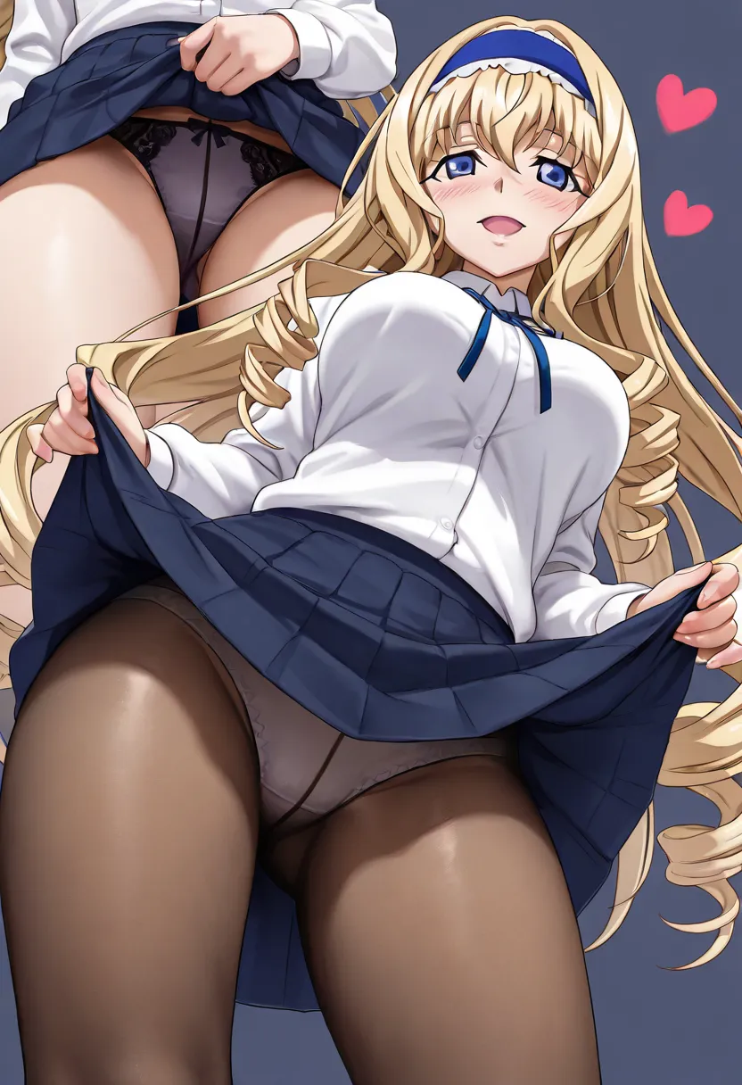 cecilia alcott, 1girl, long hair, breasts, looking at viewer, blush, smile, open mouth, blue eyes, simple background, blonde hair, long sleeves, underwear, school uniform, heart, thighs, pantyhose, clothes lift, multiple views, drill hair, from below, skir...