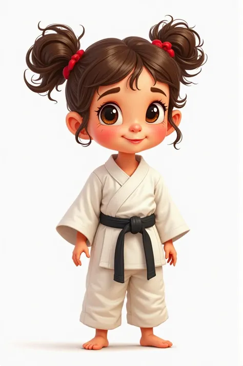 Disney style white background, little baby girl karateca, with very curly brown hair and two pigtails, brown eyes, tender and happy face wearing karategui