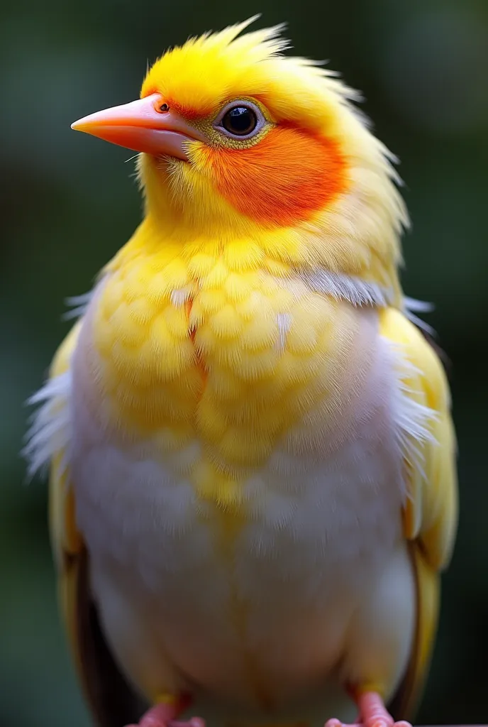 A high-resolution image of a barn canary, showing the exuberance of its feathers and the brightness of the wings. With orange beak, white breast with yellow-orange details and purple feathers. With a LONG, two-part syrup, essential characteristic. With lar...