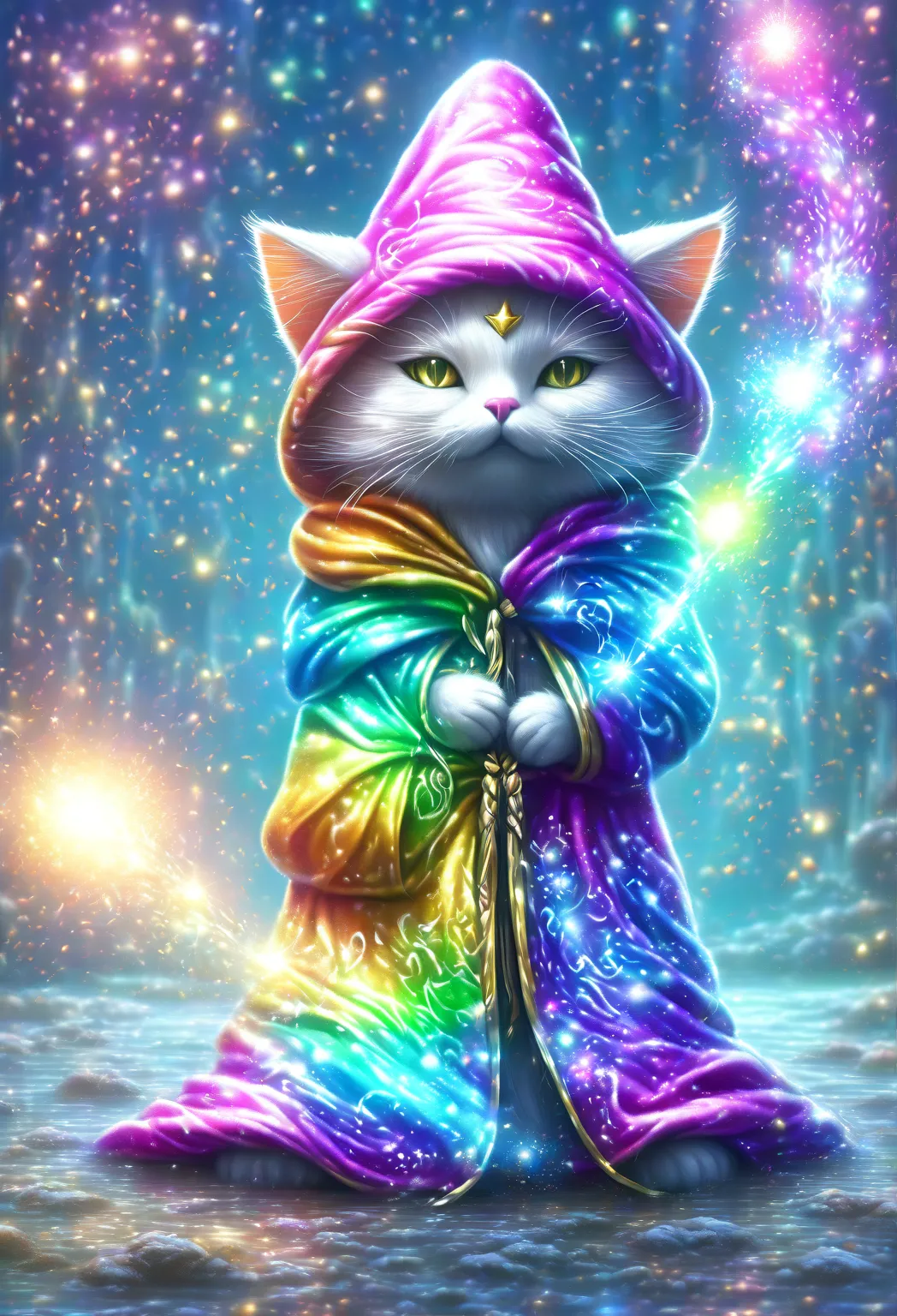 ((Wizard Cat,  Wizard Hooded Clothes, magical effects,  epico :1.5)), hasta :1.4, (masterpiece),(top quality:1.0), (super high resolution:1.0),  detailed painting, complicated,  Underwater Scenery , (( Magical, beautiful, Otherworldly:1.4 )), (( top qualit...