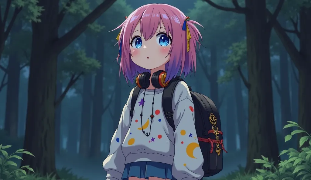 Setting: Forest, dark, large trees
Pose: Scared looking up.

"Character Kim, , a kawaii anime with detailed features and soft lighting. She has short pink hair with a purple gradient at the ends, medium length, straight and slightly layered, with colorful ...