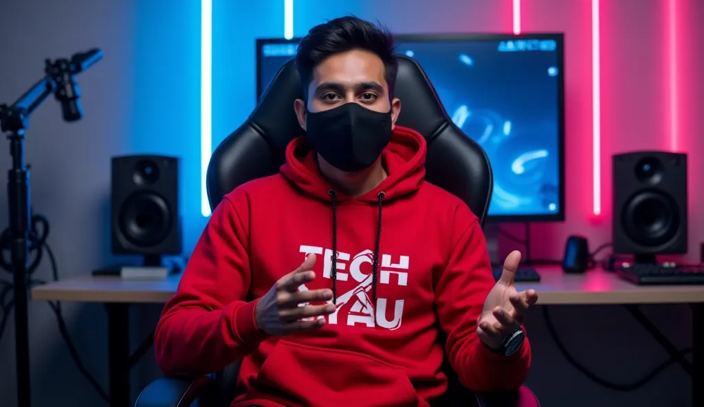 An Indian man sitting confidently on a modern gaming chair in his You Tube studio. He is wearing a bright red hoodie with Amarjeet Tech Gyan boldly printed on it His face is clearly visible and expressive despite wearing a sleek black COVID-19 mask. The ma...