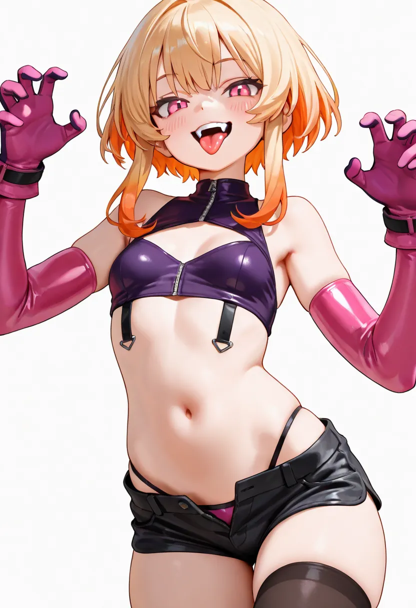 1girl, solo, looking at viewer, blush, smile, open mouth, simple background, blonde hair, white background, navel, underwear, multicolored hair, small breasts, teeth, black thighhighs, elbow gloves, tongue out, pink eyes, orange hair, crop top, clothing cu...