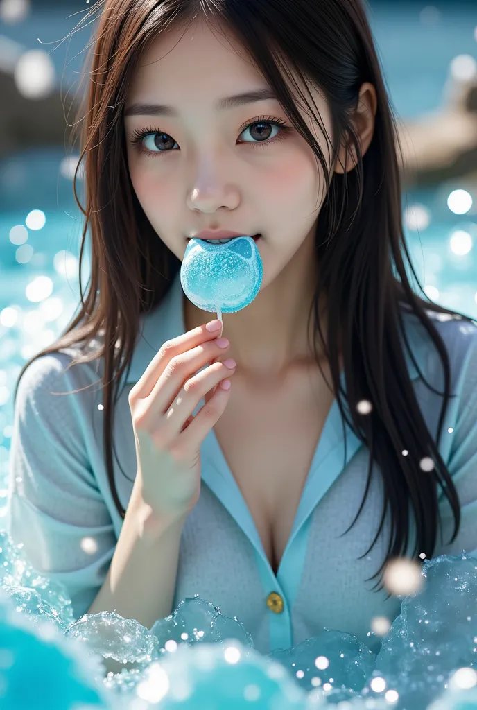 A young thai girl with long black hair biting a cute candy shaped like a Hello kitty head, with crystal-like shards spreading around her, an amazing expression on her face, photorealistic, highly detailed, intricate details, smooth skin, cinematic lighting...