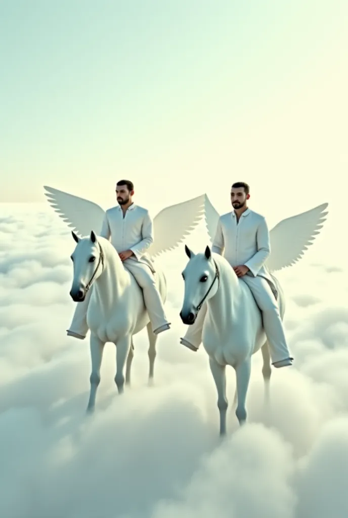 Des hommes en boubou blanc assis sur des chevaux blancs avec des ailes dans les nuages 