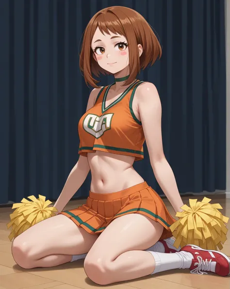 1 girl, solo, female only, sensual woman, 

Ochako Uraraka \(my hero academia\),
brown hair, brown eyes, short hair, blush stickers, 
perky breasts, 

Ochako Uraraka outfit, my hero academia outfit,
u.a. cheerleader uniform, 
orange crop top, 
orange pleat...