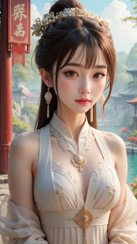 Realistic Anime Style。1 Girl， accurate depiction ， Brown hair ，Traditional Light Shan Garment Accessories，Rendered with Unreal Engine，Semen
Realistic，Background is Shanxi Chongqing Temple， Tang Dynasty poolside environment ，8k resolution。 Digital scene on ...