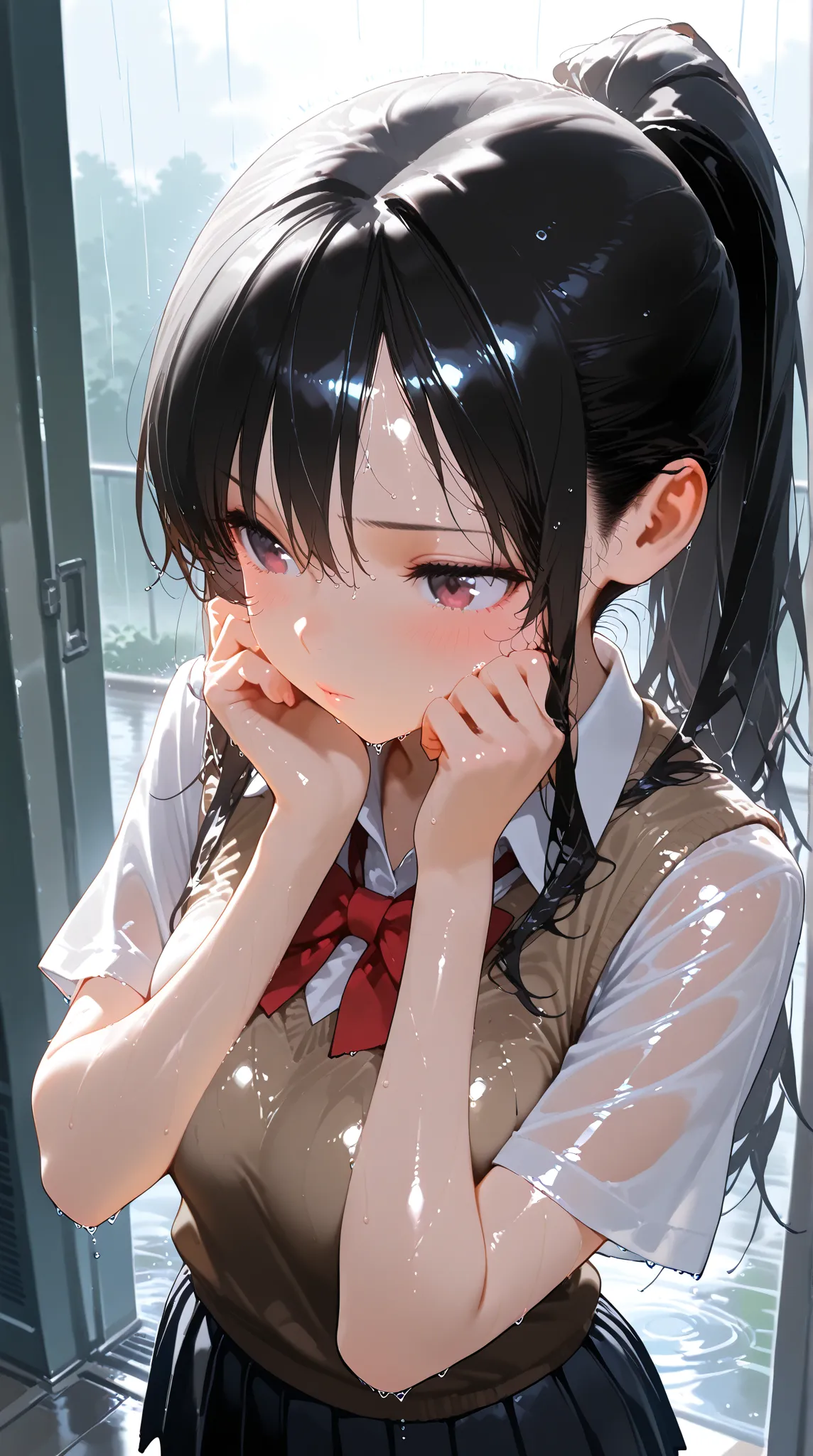 masterpiece, best quality, amazing quality, hyper-detailed, realistic, 1girl, wet, wet hair, wet clothes, wet skin, very wet skin, shiny skin, shiny clothes, Suchwet, detailed background, black hair, long hair, ponytail, school uniform, brown sweater vest,...