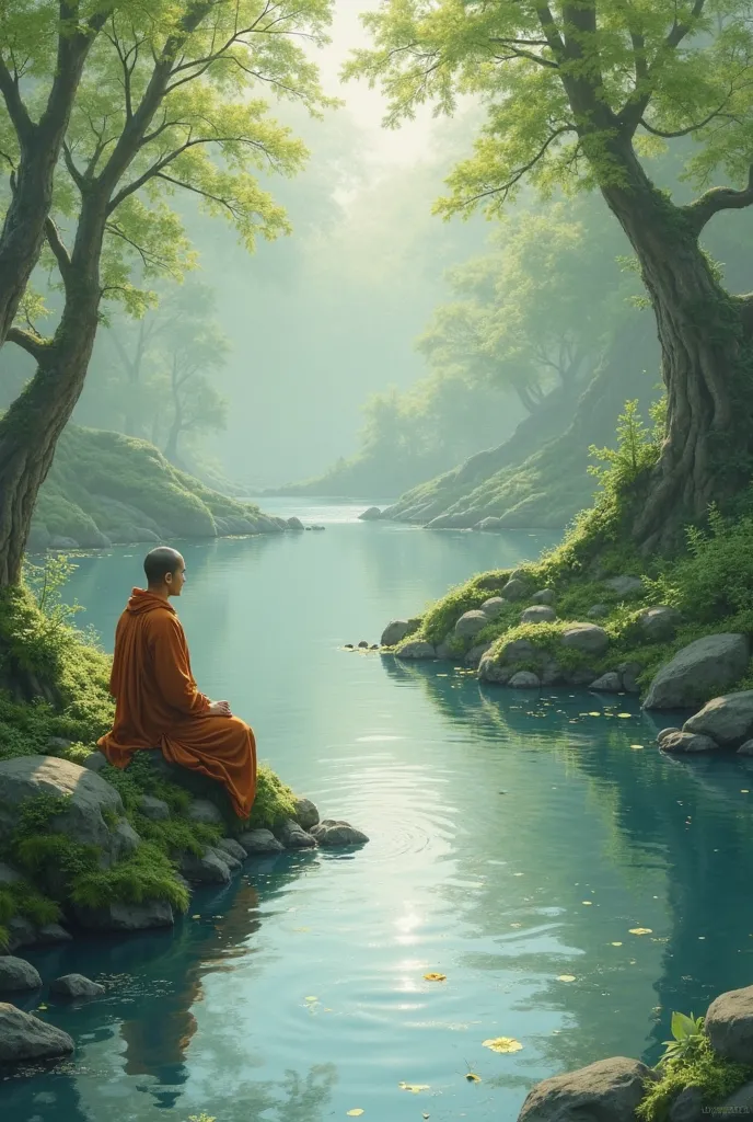 Visual of a slow-moving stream or the monk’s calm reflection in a pond