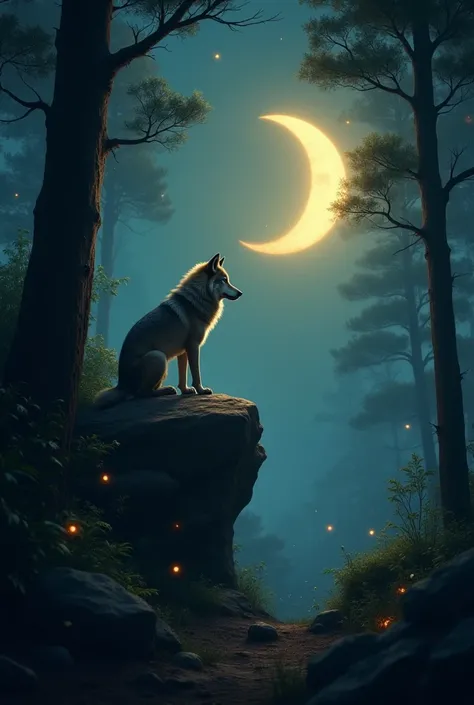 A background background of Ramadan in the forest, the moon of Ramadan and a wolf watching it in a beautiful Ramadan atmosphere