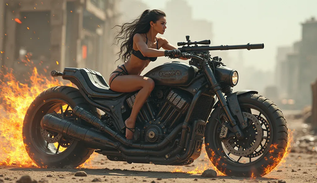 a brutal heavy war motorcycle with fire , a woman in bikini riding the bike holding sniper riffle