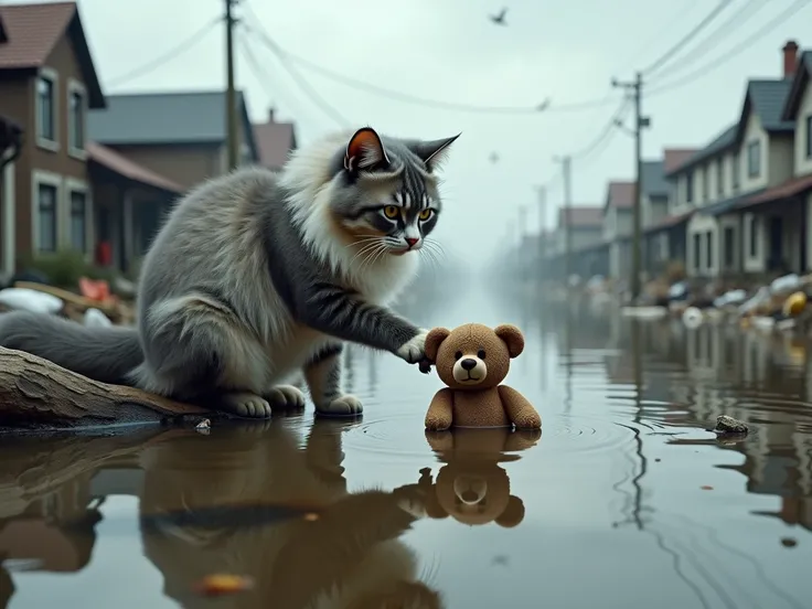 "A highly detailed, ultra-realistic fluffy gray and white cat standing on a piece of driftwood in the flooded village, surrounded by floating trash. The cat carefully reaches out with its paw, picking up a small, muddy teddy bear from the water. The atmosp...