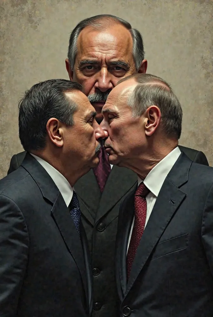 Nicolás Maduro kissing Vladimir Putin in front of Hugo Chavez