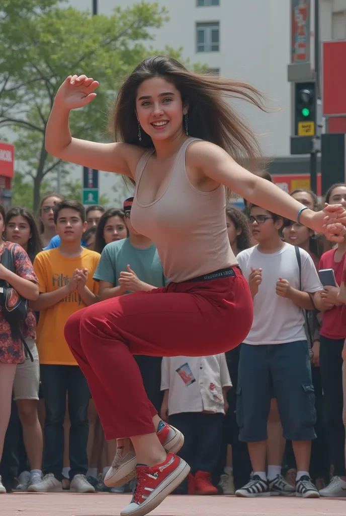 Jennifer performing breakdancing in the typical costume in sight of crowds of audience applauding., her radiant smile.,