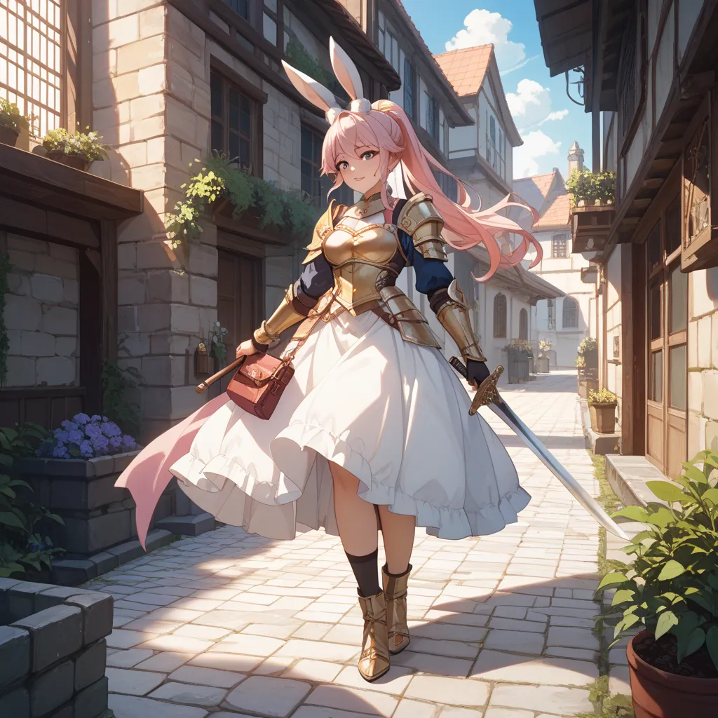 woman、pink ponytail、濃い灰色の瞳、 beauty、 clear、White rabbit ears、Female Warrior's Armor 、 holding a sword、 dungeon background with cobblestone floor