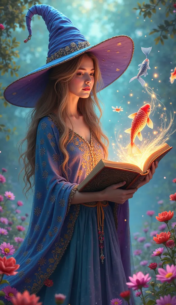 great quality, masterpiece, best quality, Super Detail, Ultra High Definition, super high resolution, perfect anatomy in the flower park,  Magical World ,
(Pretty Girl and Fish:1.4), Fish in the air, Spell Magic to get fresh fish as food,( Fish Jumping Out...