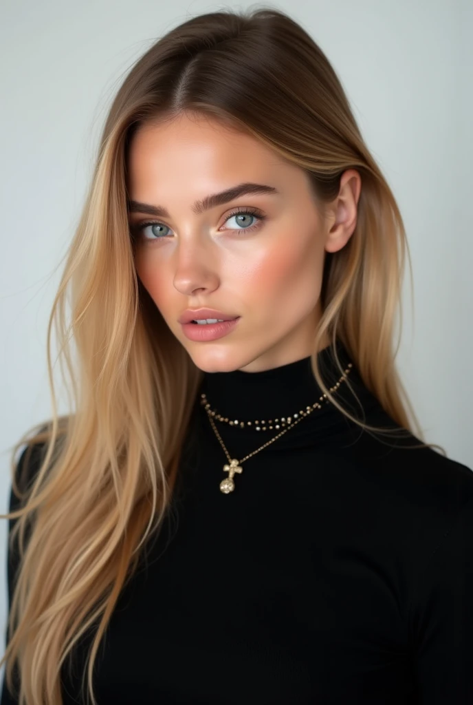  Une superbe jeune femme aux cheveux longs, lisse, et des cheveux blonds parfaitement raides, avec des reflets subtils . Elle a de magnifiques yeux bleus, longs cils bouclés, et des lèvres brillantes et pulpeuses. Son expression est sereine mais intense, r...