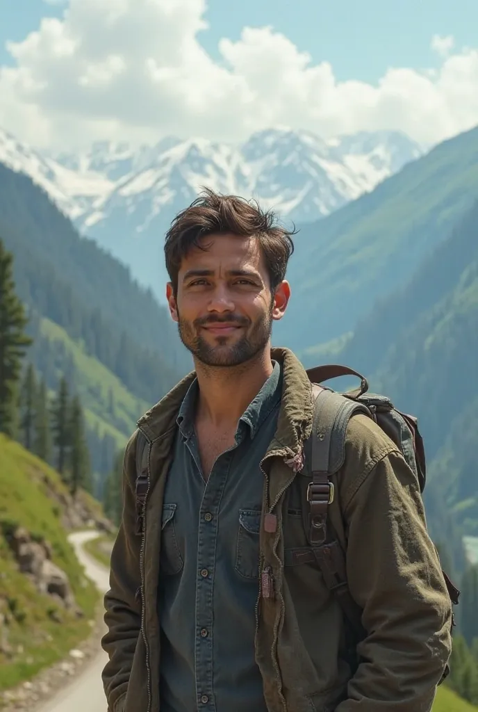 A 25-year-old man is traveling to Kashmir. He has a slightly chubby appearance with thinning hair at the front of his head.